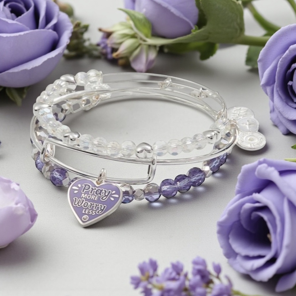 💜ALEX AND ANI💜Pray More,Worry Less Bangle Set of 3 in Shiny Silver/NWT